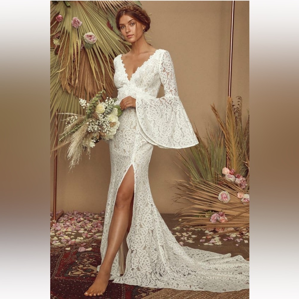 Lulus exclusive sold out duchess ivory lace bell sleeve gown.